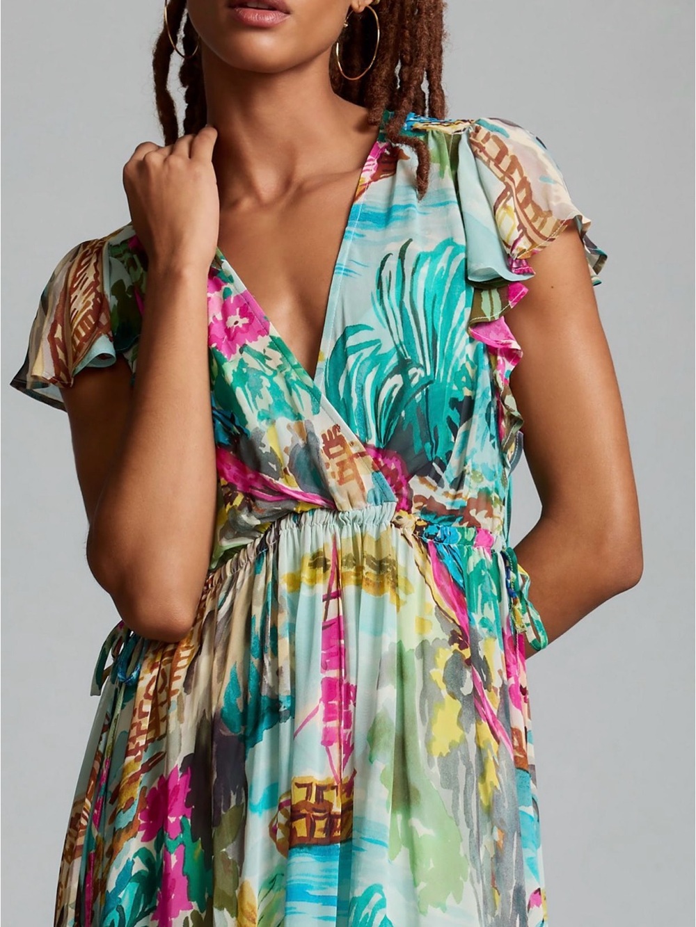Anthropologie Floral Flutter Sleeve Maxi Dress Colorful Tropical Bird 2X Plus - Picture 4 of 7